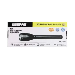 Geepas Rechargeable Led Flashlight Portable Torch With 4 Hours Contiuous Working Waterproof Body- Black