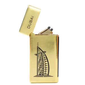 Electronic Dual Arc Lighter, Dubai Electric Lighter Rechargeable, Flameless, Elegant Golden Design of Burj Al Arab