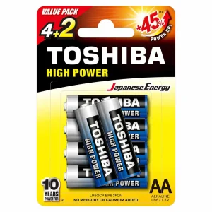 Toshiba High Power Alkaline AA - 4+2 Battery Pack, +45% Power Up Energy