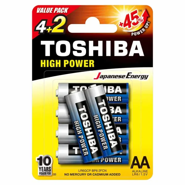 Toshiba High Power Alkaline AA - 4+2 Battery Pack, +45% Power Up Energy