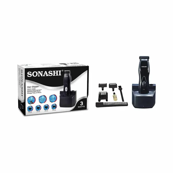 Sonashi Rechargeable Hair Clipper with Fine Blade, High Speed Motor, Plastic Comb, Continuous Working, Portable, Cordless Hair Clipper- Black