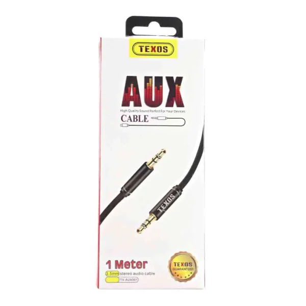 Texos Aux Cable, Stereo Audio Cable, 1 Meter Cable, 3.5mm Plug- Black