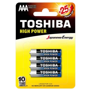 Toshiba High Power Alkaline AAA 1.5V Battery, +25% Power Up Energy, Pack of 4 pcs
