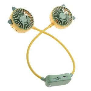 Cute Cat Figurine Double Head Portable Folding Hands Free Neck Fan- Yellow