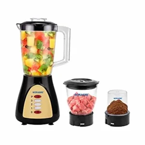 Sonashi 3 in 1 Blender Mixer Grinder with Overheating Protection 1.5L Unbreakable Jar, Chopping Cup, Grinding Cup- Black