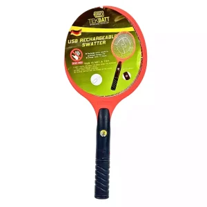 Tekbatt USB Rechargeable Mosquito Swatter Racket With LED Light And USB Cable- Red
