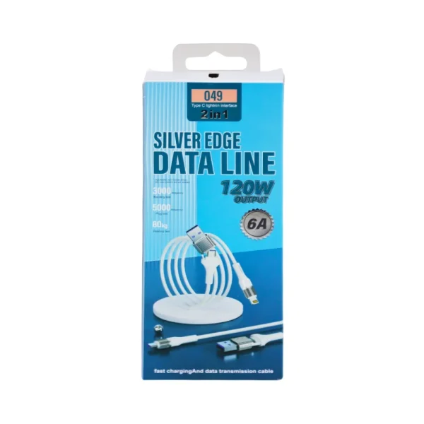 Silver Edge Data Line Fast Charging and Data Transmission Cable 120W Type C Lightening Interface- White
