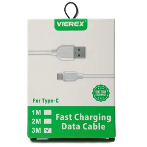 Vierex Fast Charging Data Cable with High Transmission Speed White Color, C Type Plug, 3M