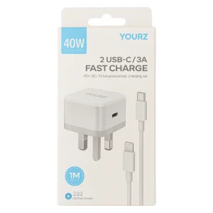 Yourz 2USB-C/ 3A Fast Charge PD+ QC+ FS Full Protocol Fast Charging Set- White