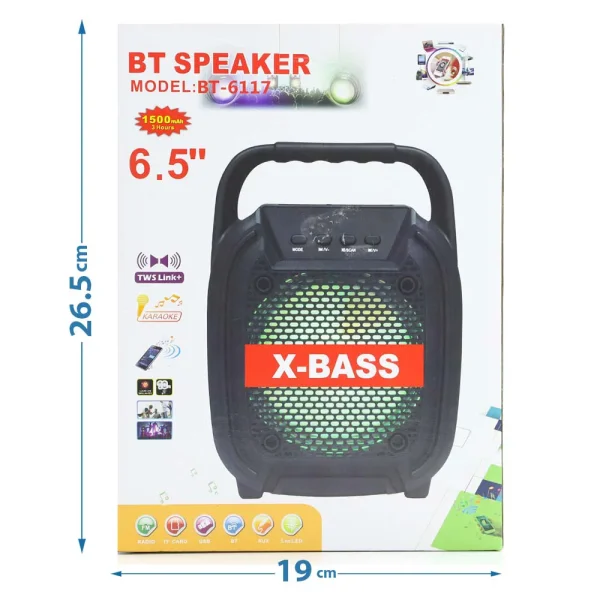 BT Speaker BT-6118 Super Bass Wireless Speaker Box Shaped Speaker X-Bass 6.5Inch- Red with Karaoke Microphone