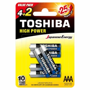 Toshiba High Power Alkaline AAA - 4+2 Battery Pack, +25% Power Up Energy