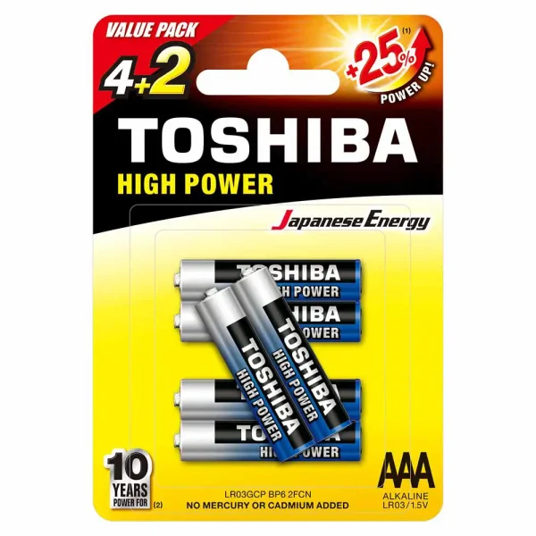 Toshiba High Power Alkaline AAA - 4+2 Battery Pack, +25% Power Up Energy
