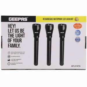 Geepas Rechargeable Waterproof LED Flash Light, Water Proof, Torch Light GFL51076 Emergency Torch, 3 Hours Working