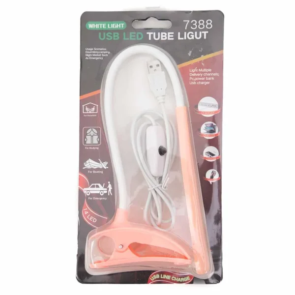 White Light USB LED Tube Light (7388), Mini Clip-On Reading Night Light, USB Night Light, LED Clamp Desk Lamp- Pink
