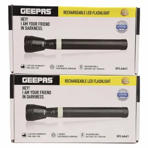 Geepas Rechargeable Led Flashlight Torch, GFL4641, 3.6V 1900mAh, Pack of 2- Black