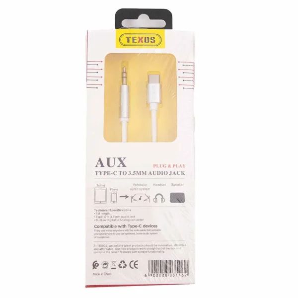 Texos USB Type C to 3.5mm Audio Jack Cable, Aux Cable Jack, Type-C- White