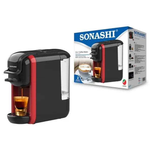 Sonashi SCM4969 3 in 1 Electric Coffee Maker 1450W With 600ml Detachable Water Tank- Red And Black