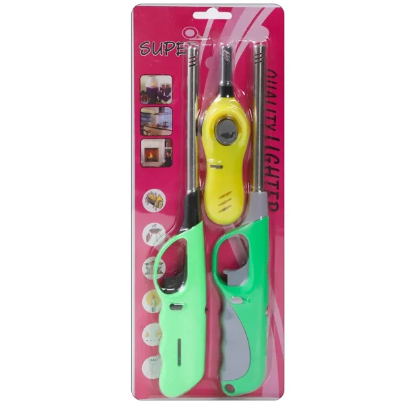 Super Quality Gas Ignition Lighter with Butane Cartridge, Pack of 2 Lighters and 1 Cartridge- Green, Yellow