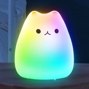 Mini Cute Cartoon Cat Shaped Soft Silicone Colour Changing Night Light Lamp for Kids Room- Multi-Color