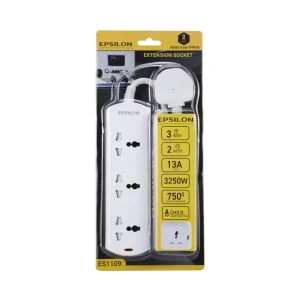 Epsilon 3 Way Extension Socket with 2 Mtr Power Cable- White