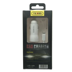 Texos Car Charger, Car Mobile Charger with 2 USB Connector, with iOS Cable- White